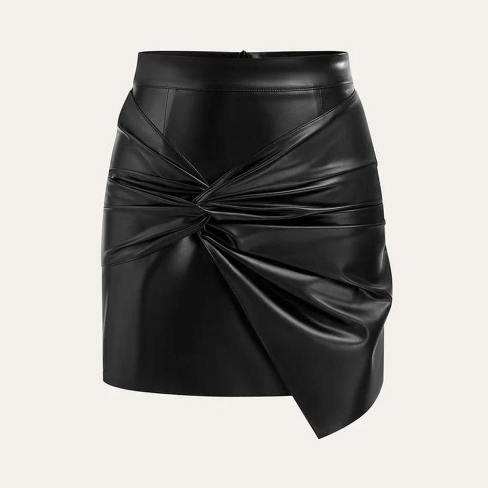 Commense Black Faux‎ Leather Twist Mini Skirt Small